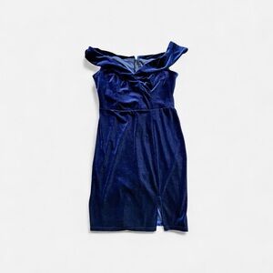 Rebecca Beeson 10 Velvet V-neck Luxury Midnight Blue Off-Shoulder Mini Dress